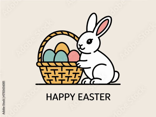 A charming illustration of a white bunny holding a wicker basket filled with colorful Easter eggs, bringing joy and warmth to the traditional spring holiday celebration.