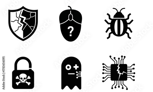 vector set of black and white virus and malware icons