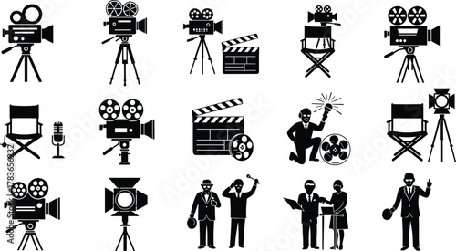 Film production icons, movie camera, director chair, clapperboard, microphone, studio light, film reel, filmmaking symbols, cinema industry, creative media set