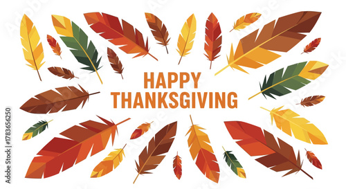 Happy thanksgiving text surrounded by colorful autumn feathers in a festive decorative border
