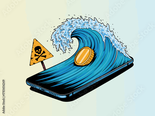 An engaging illustration depicting a smartphone with a crashing wave and a caution sign, highlighting the dangers of technology and digital life in a creative way.