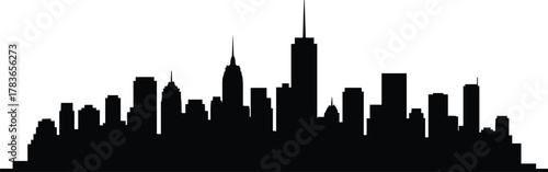 Black city skyline silhouette with skyscrapers, urban landscape illustration, modern architecture design, metropolitan horizon vector, New York style landmark