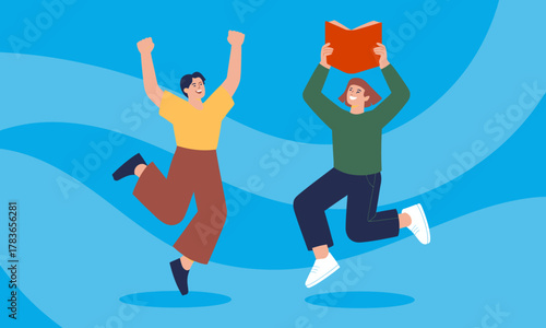 Two joyful individuals jump in celebration while one holds a book aloft, capturing a sense of happiness, learning, and togetherness in a bright outdoor setting.