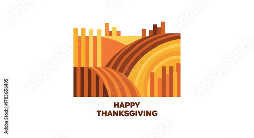 Abstract geometric landscape with warm autumn colors and happy thanksgiving text for holiday greetings