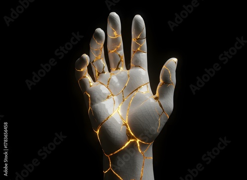Stunning kintsugi hand sculpture symbolizes resilience and beauty in imperfection, inspiring hope and recovery with golden repair.