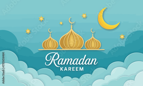 This vibrant Ramadan Kareem illustration features golden domes, a crescent moon, and stars set against a soft blue background, embodying the spirit of celebration and faith.