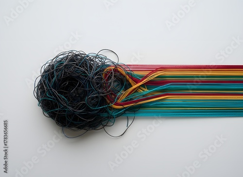 Organized chaos emerges into vibrant, ordered lines, symbolizing progress and clarity from complexity, perfect for business transformation concepts.