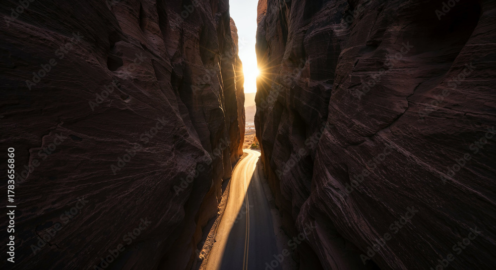 Naklejka premium Drone Photography of Canyon Road Through American Southwest Red Rocks Landscape