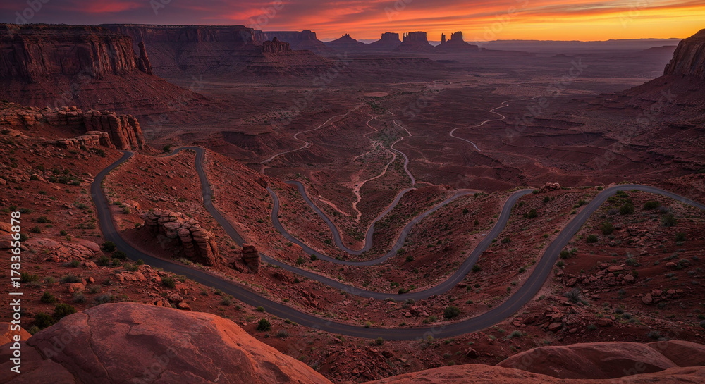 Naklejka premium Drone Photography of Canyon Road Through American Southwest Red Rocks Landscape