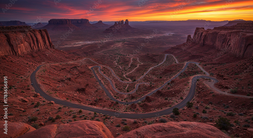 Naklejka premium Drone Photography of Canyon Road Through American Southwest Red Rocks Landscape