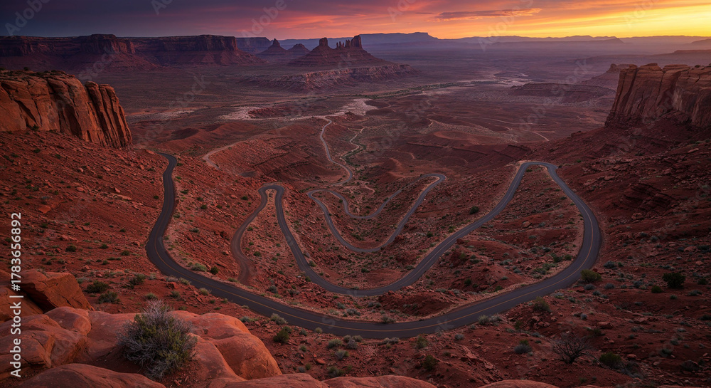 Naklejka premium Drone Photography of Canyon Road Through American Southwest Red Rocks Landscape