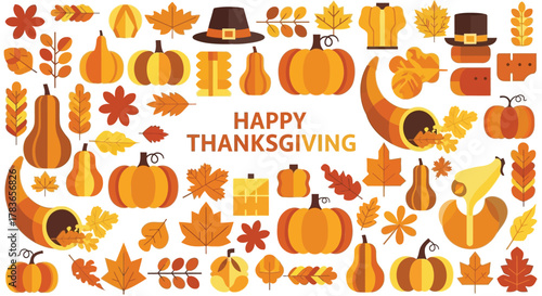 Happy thanksgiving greeting with a festive arrangement of pumpkins gourds autumn leaves and cornucopia on white background