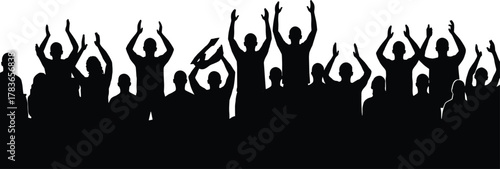 Black crowd silhouette with raised hands, cheering people, concert audience, rally supporters, celebration energy, unity, excitement, festival party illustration
