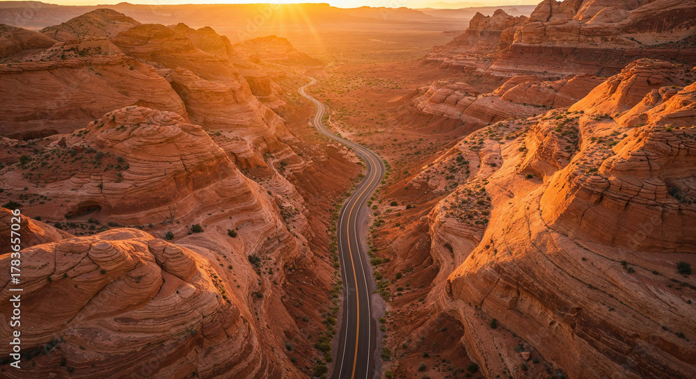 Obraz premium Drone Photography of Canyon Road Through American Southwest Red Rocks Landscape