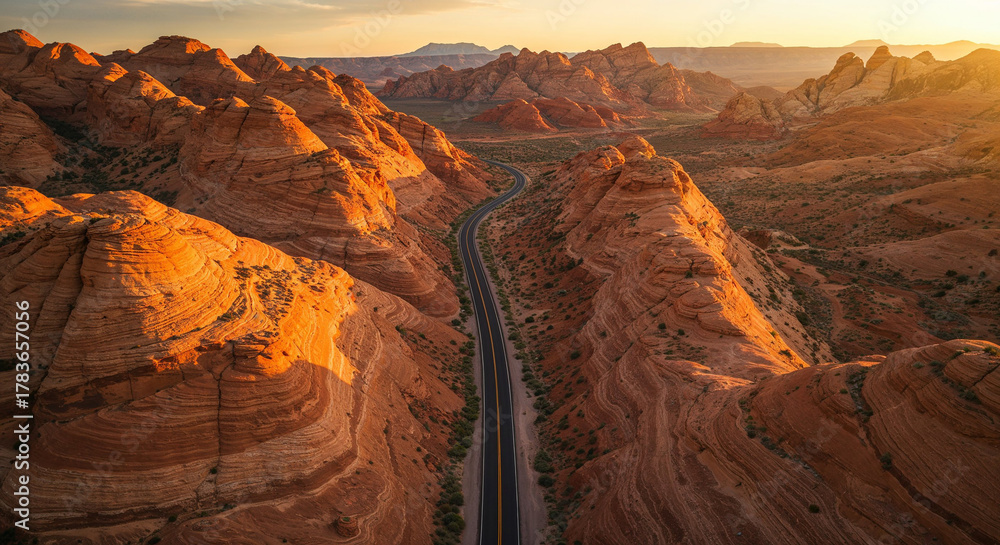 Obraz premium Drone Photography of Canyon Road Through American Southwest Red Rocks Landscape