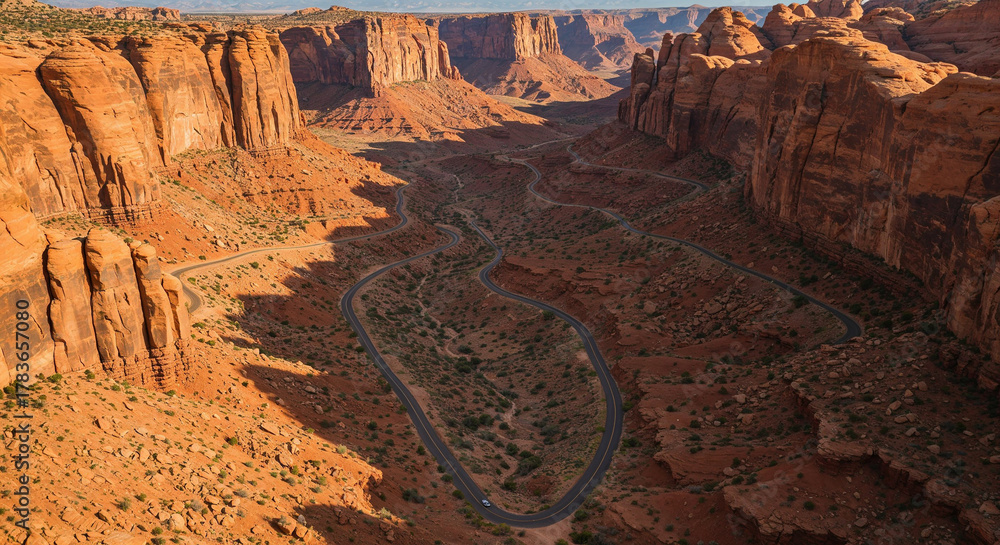 Fototapeta premium Drone Photography of Canyon Road Through American Southwest Red Rocks Landscape
