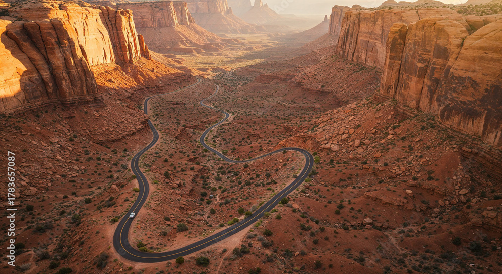 Fototapeta premium Drone Photography of Canyon Road Through American Southwest Red Rocks Landscape