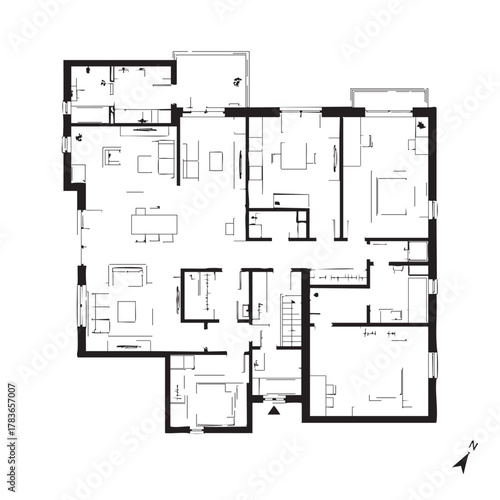 Architectural floor plan of a modern house, showcasing rooms, layout, and design elements in a detailed black and white illustration.
