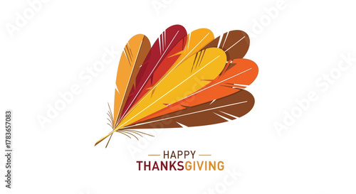 Happy thanksgiving greeting card with a fan of colorful autumn feathers on a white background
