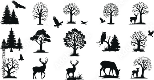 Forest wildlife silhouettes, deer, owl, eagle, trees, nature illustration, woodland animals, black vector art, ecosystem, wilderness, birds, natural habitat