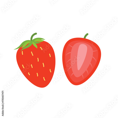 Cartoon Strawberry with Half Slice on White Background. Minimalist Summer Fruit Graphic Element Vector. Fresh Whole and Cut Red Strawberry Icon Design.