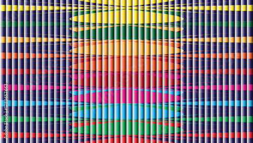 Colorful Mirrored Stripe Optical Illusion Vector with Gradient Ovals and Vertical Lines Glass Background