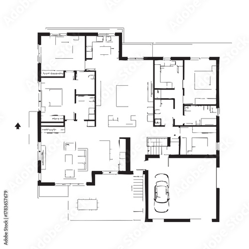 Architectural floor plan blueprint showcasing the layout of a modern house, including rooms, garage, and structural design elements for construction.