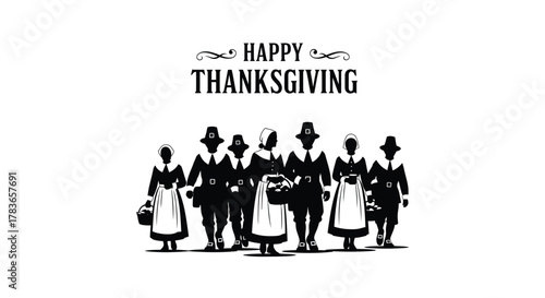 Happy thanksgiving greeting with a silhouette of pilgrim men and women walking together carrying baskets