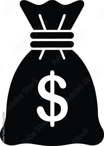 Black money bag silhouette with dollar sign, financial icon, wealth symbol, banking illustration, savings design, business economy vector, investment concept