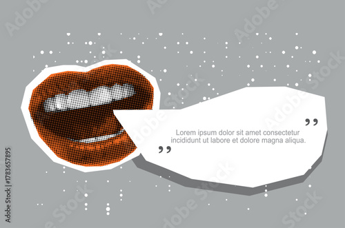 Halftone screaming mouth. Modern collage with female mouth that screams. Template for banner, poster, social media and ads. Vector illustration.	