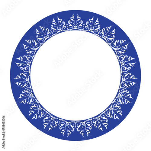 Beautiful round frame arabesques. Blue white plate with floral design. Vintage, ethnic vector frame with arabesques. Round frame with floral ornament. For round surfaces, textiles, embroidery
