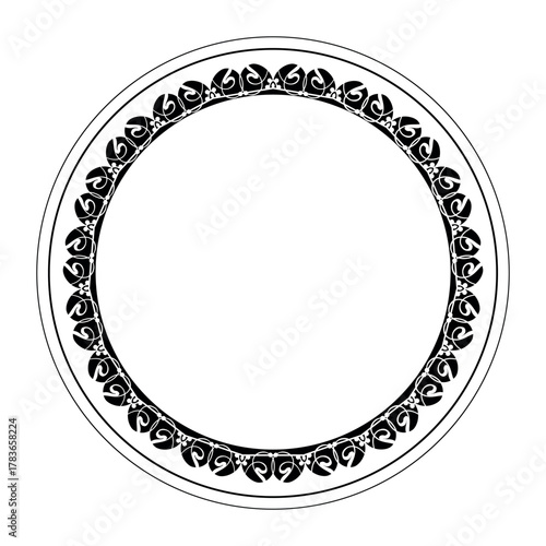 Oriental vector round frame with arabesques and floral elements. Traditional classic ornament. Vintage, ethnic vector frame with arabesques EPS. For household utensils, textiles, plate, embroidery