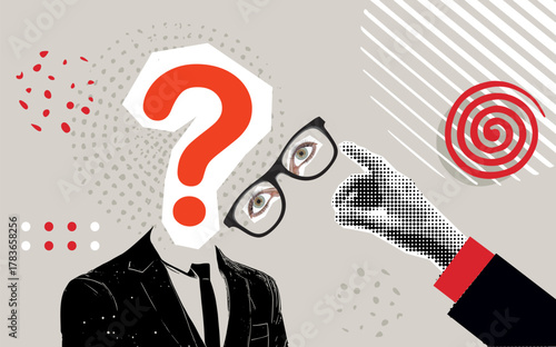 Modern collage with businessman with a question mark for a head. Problem and solution concept. Brainstorm. Puzzled man and question mark. FAQ illustration. Person looking for an answer
