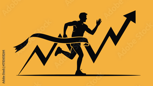 Dynamic runner crossing finish line with upward trend, symbolizing success, achievement, and growth in business or personal goals on orange background