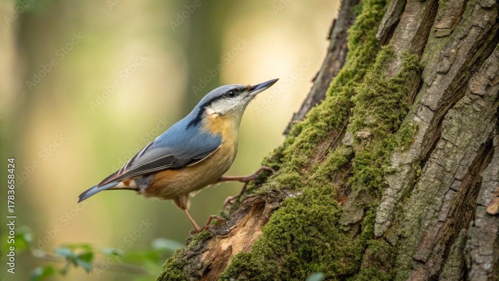 Fototapeta premium Eurasian Nuthatch (Sitta europaea) bird characteristically climbing head-first down a textured tree trunk while foraging in a forest.