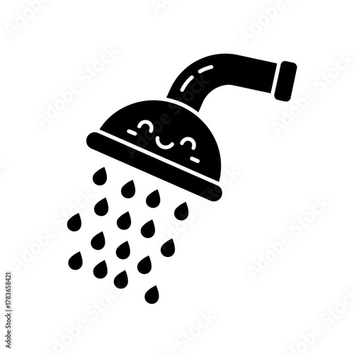 Cute Smiling Shower Head with Falling Water Droplets Black Glyph Icon