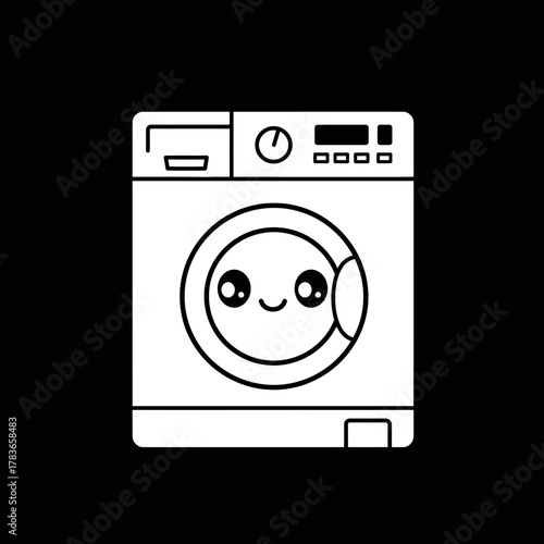 Cute Kawaii Washing Machine Icon in Simple Black and White Style