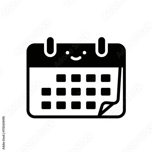 Cute smiling calendar icon in solid black glyph style, representing scheduling, time, and productivity management