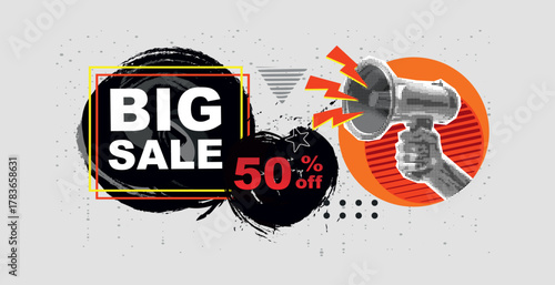 Trendy Halftone Collage with hand holding megaphone Big sale drawn in one line. Template for banner, poster, social media and ads. Vector illustration. Contemporary art. Vector	