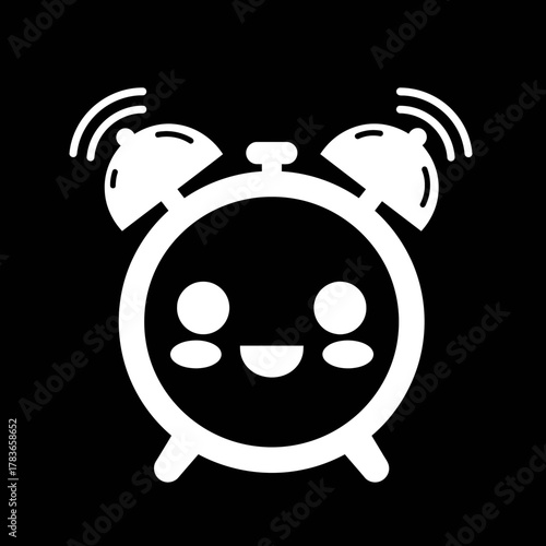 Cute Kawaii Alarm Clock Ringing Icon in White on Black Background