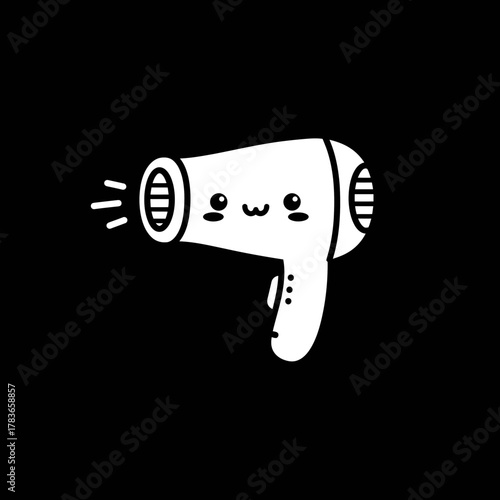 Cute Kawaii Style Hair Dryer Icon in Black and White