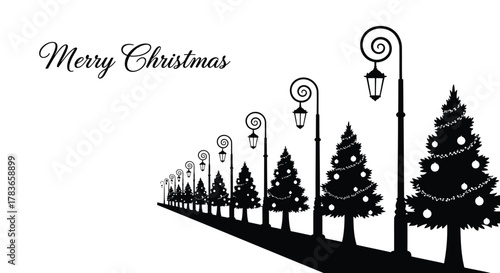 Elegant merry christmas greeting card with a row of silhouetted decorated pine trees and vintage street lamps on a white background