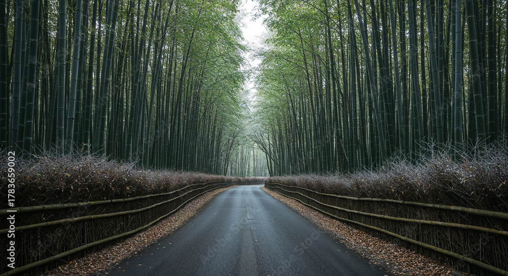 Obraz premium Aerial View of Misty Road Through Dense Bamboo Forest