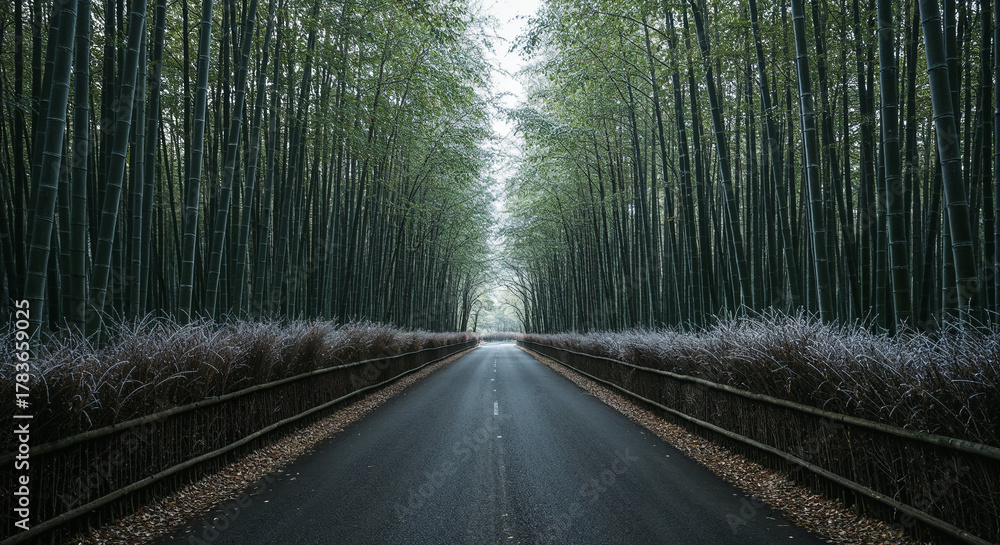 Fototapeta premium Aerial View of Misty Road Through Dense Bamboo Forest