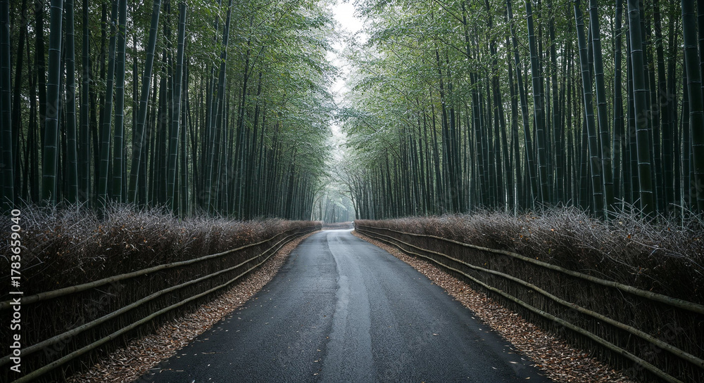Fototapeta premium Aerial View of Misty Road Through Dense Bamboo Forest