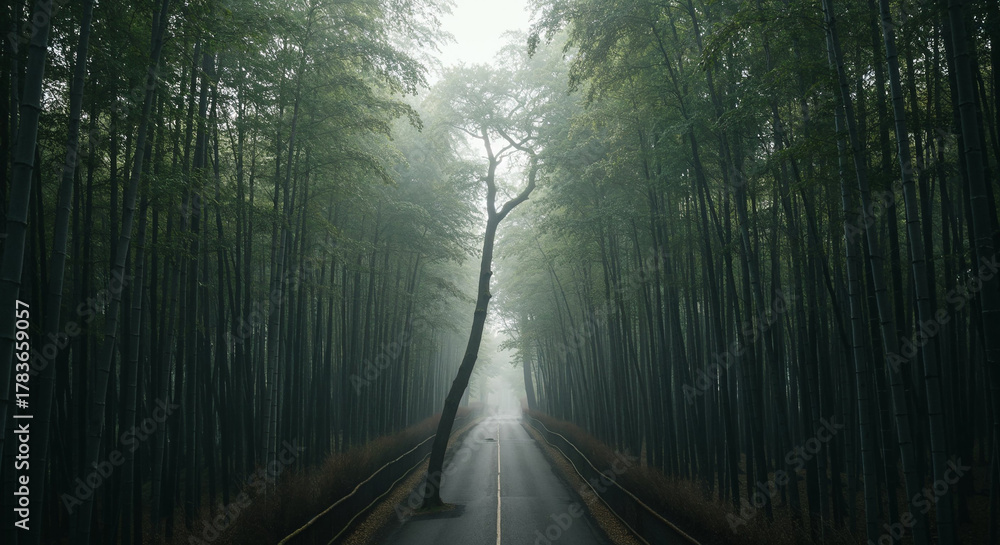 Fototapeta premium Aerial View of Misty Road Through Dense Bamboo Forest