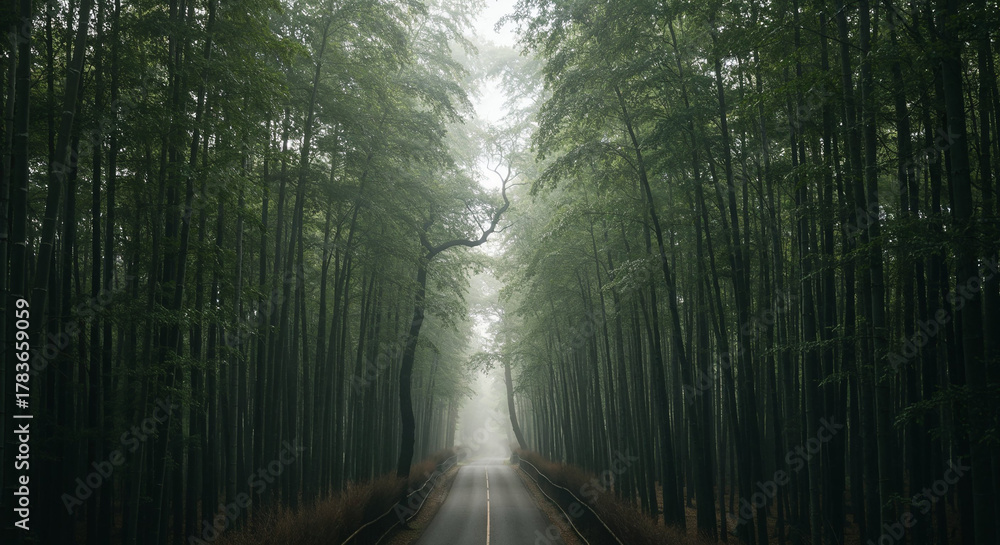 Naklejka premium Aerial View of Misty Road Through Dense Bamboo Forest