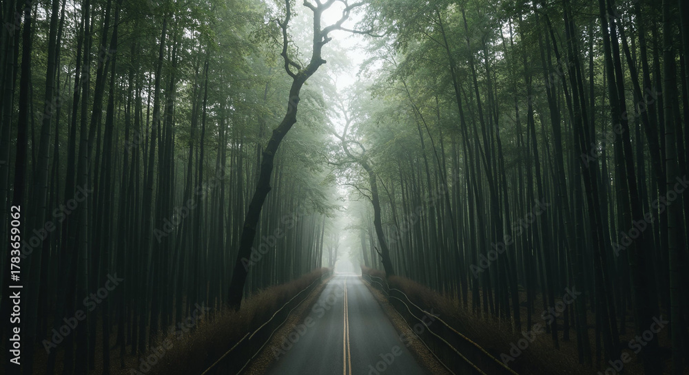 Naklejka premium Aerial View of Misty Road Through Dense Bamboo Forest
