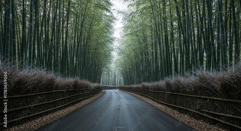 Fototapeta premium Aerial View of Misty Road Through Dense Bamboo Forest