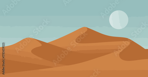 This serene artwork portrays a minimalistic desert landscape featuring gentle sand dunes and a rising sun, evoking feelings of tranquility, warmth, and natural beauty.